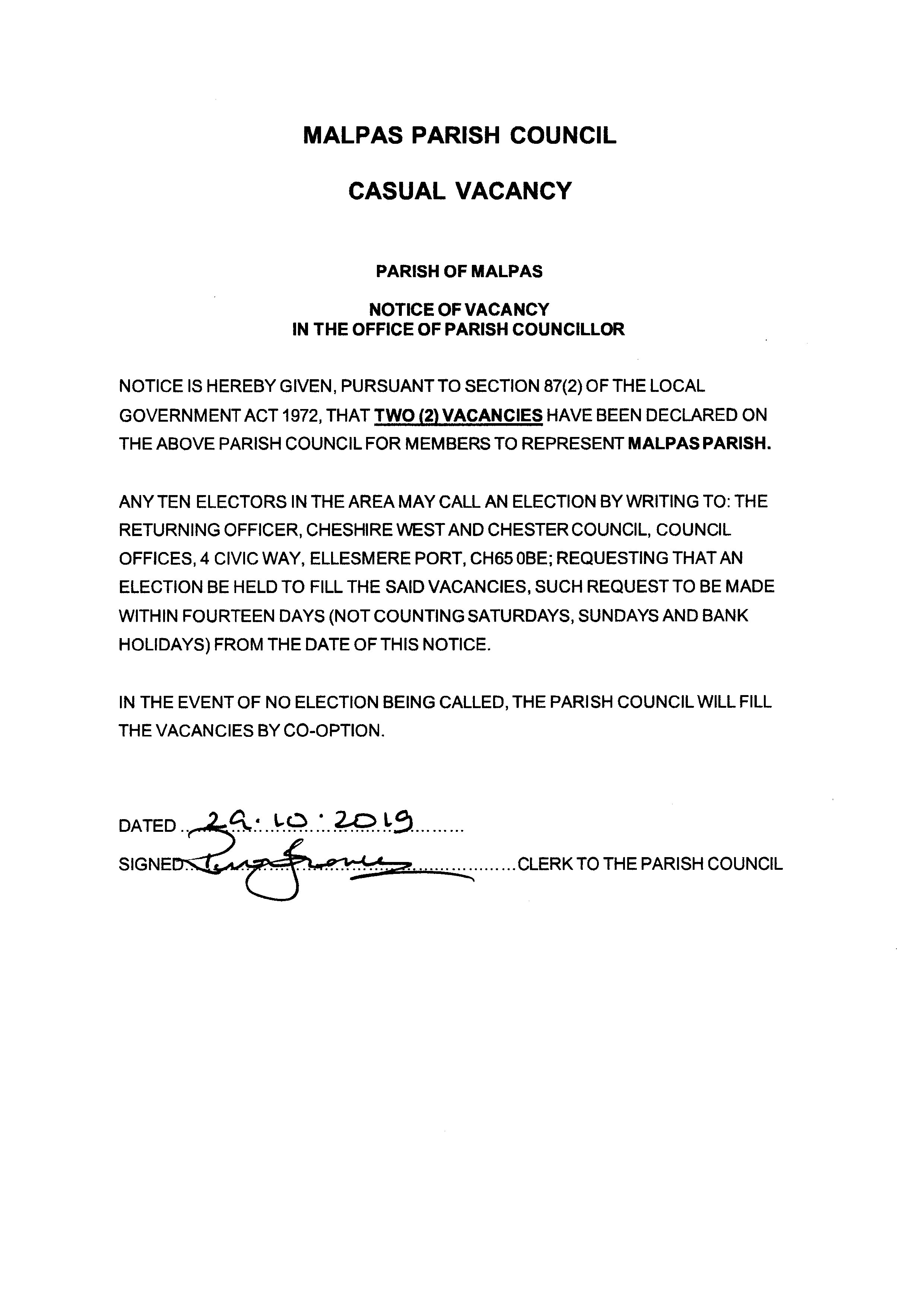Casual Vacancy Notice 281019