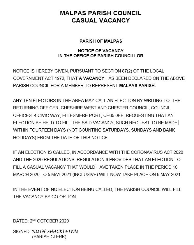 Notcie of a Parish Council Vacancy October 2020